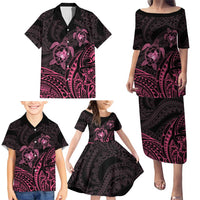 Pink Black Polynesia Floral Sea Turtle Family Matching Puletasi and Hawaiian Shirt - Polynesian Pride