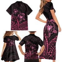 Pink Black Polynesia Floral Sea Turtle Family Matching Short Sleeve Bodycon Dress and Hawaiian Shirt LT14 - Polynesian Pride