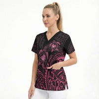 Pink Black Polynesia Floral Sea Turtle Scrub Top - Polynesian Pride