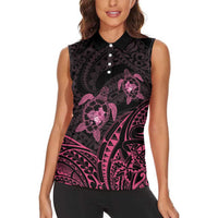 Pink Black Polynesia Floral Sea Turtle Women Sleeveless Polo Shirt - Polynesian Pride