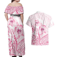 Pink White Polynesia Floral Sea Turtle Couples Matching Off Shoulder Maxi Dress and Hawaiian Shirt - Polynesian Pride