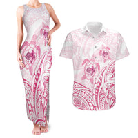 Pink White Polynesia Floral Sea Turtle Couples Matching Tank Maxi Dress and Hawaiian Shirt - Polynesian Pride