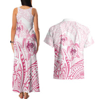 Pink White Polynesia Floral Sea Turtle Couples Matching Tank Maxi Dress and Hawaiian Shirt - Polynesian Pride