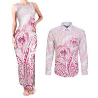 Pink White Polynesia Floral Sea Turtle Couples Matching Tank Maxi Dress and Long Sleeve Button Shirt - Polynesian Pride