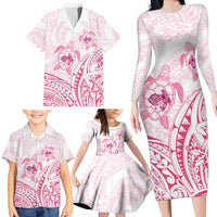 Pink White Polynesia Floral Sea Turtle Family Matching Long Sleeve Bodycon Dress and Hawaiian Shirt LT14 - Polynesian Pride