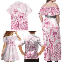 Pink White Polynesia Floral Sea Turtle Family Matching Off Shoulder Maxi Dress and Hawaiian Shirt LT14 - Polynesian Pride