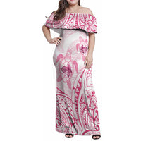 Pink White Polynesia Floral Sea Turtle Family Matching Off Shoulder Maxi Dress and Hawaiian Shirt LT14 Mom's Dress White - Polynesian Pride
