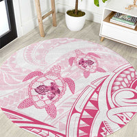Pink White Polynesia Floral Sea Turtle Round Carpet - Polynesian Pride