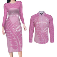 Custom New Zealand Silver Fern Rugby 2025 Couples Matching Long Sleeve Bodycon Dress and Long Sleeve Button Shirt All Black Aotearoa Maori Pink LT14 Pink - Polynesian Pride