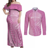 Custom New Zealand Silver Fern Rugby 2025 Couples Matching Off Shoulder Maxi Dress and Long Sleeve Button Shirt All Black Aotearoa Maori Pink LT14 Pink - Polynesian Pride