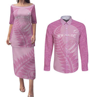 Custom New Zealand Silver Fern Rugby 2025 Couples Matching Puletasi and Long Sleeve Button Shirt All Black Aotearoa Maori Pink LT14 Pink - Polynesian Pride