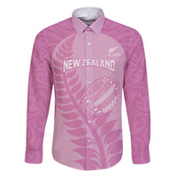 Custom New Zealand Silver Fern Rugby 2025 Family Matching Off Shoulder Short Dress and Hawaiian Shirt All Black Aotearoa Maori Pink LT14 Dad's Shirt - Long Sleeve Pink - Polynesian Pride