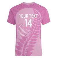 Custom New Zealand Silver Fern Rugby 2025 Women V-Neck T-Shirt All Black Aotearoa Maori Pink LT14 - Polynesian Pride