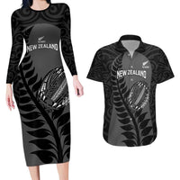 Custom New Zealand Silver Fern Rugby 2025 Couples Matching Long Sleeve Bodycon Dress and Hawaiian Shirt Go Champions Aotearoa Maori Black LT14 Black - Polynesian Pride