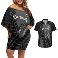 Custom New Zealand Silver Fern Rugby 2025 Couples Matching Off Shoulder Short Dress and Hawaiian Shirt Go Champions Aotearoa Maori Black LT14 Black - Polynesian Pride