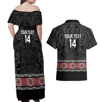Custom New Zealand Silver Fern Rugby Couples Matching Off Shoulder Maxi Dress and Hawaiian Shirt All Black Maori Taniko Pattern LT14 - Polynesian Pride