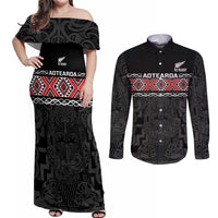 Custom New Zealand Silver Fern Rugby Couples Matching Off Shoulder Maxi Dress and Long Sleeve Button Shirt All Black Maori Taniko Pattern LT14 Black - Polynesian Pride