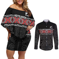 Custom New Zealand Silver Fern Rugby Couples Matching Off Shoulder Short Dress and Long Sleeve Button Shirt All Black Maori Taniko Pattern LT14 Black - Polynesian Pride