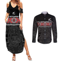 Custom New Zealand Silver Fern Rugby Couples Matching Summer Maxi Dress and Long Sleeve Button Shirt All Black Maori Taniko Pattern LT14 Black - Polynesian Pride