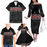 Custom New Zealand Silver Fern Rugby Family Matching Off The Shoulder Long Sleeve Dress and Hawaiian Shirt All Black Maori Taniko Pattern LT14 - Polynesian Pride
