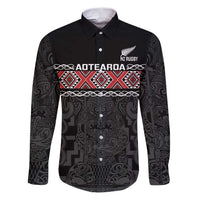 Custom New Zealand Silver Fern Rugby Family Matching Puletasi and Hawaiian Shirt All Black Maori Taniko Pattern LT14 Dad's Shirt - Long Sleeve Black - Polynesian Pride