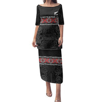 Custom New Zealand Silver Fern Rugby Family Matching Puletasi and Hawaiian Shirt All Black Maori Taniko Pattern LT14 Mom's Dress Black - Polynesian Pride