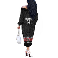 Custom New Zealand Silver Fern Rugby Off The Shoulder Long Sleeve Dress All Black Maori Taniko Pattern LT14 - Polynesian Pride