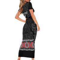Custom New Zealand Silver Fern Rugby Short Sleeve Bodycon Dress All Black Maori Taniko Pattern LT14 - Polynesian Pride