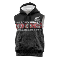 Custom New Zealand Silver Fern Rugby Sleeveless Hoodie All Black Maori Taniko Pattern LT14 Black - Polynesian Pride