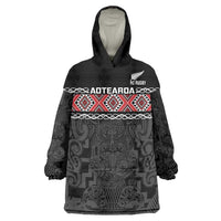 Custom New Zealand Silver Fern Rugby Wearable Blanket Hoodie All Black Maori Taniko Pattern LT14 One Size Black - Polynesian Pride