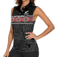 Custom New Zealand Silver Fern Rugby Women Sleeveless Polo Shirt All Black Maori Taniko Pattern LT14 - Polynesian Pride