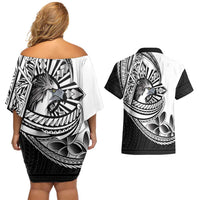 Philippines Eagle Sun Couples Matching Off Shoulder Short Dress and Hawaiian Shirt Filipino Agila Polynesian Tattoo Black Color LT14 - Polynesian Pride