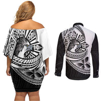 Philippines Eagle Sun Couples Matching Off Shoulder Short Dress and Long Sleeve Button Shirt Filipino Agila Polynesian Tattoo Black Color LT14 - Polynesian Pride