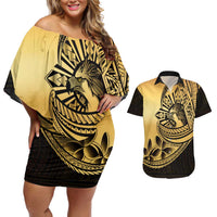 Philippines Eagle Sun Couples Matching Off Shoulder Short Dress and Hawaiian Shirt Filipino Agila Polynesian Tattoo Gold Color LT14 Gold - Polynesian Pride
