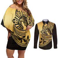 Philippines Eagle Sun Couples Matching Off Shoulder Short Dress and Long Sleeve Button Shirt Filipino Agila Polynesian Tattoo Gold Color LT14 Gold - Polynesian Pride