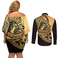 Philippines Eagle Sun Couples Matching Off Shoulder Short Dress and Long Sleeve Button Shirt Filipino Agila Polynesian Tattoo Gold Color LT14 - Polynesian Pride