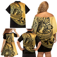 Philippines Eagle Sun Family Matching Off Shoulder Short Dress and Hawaiian Shirt Filipino Agila Polynesian Tattoo Gold Color LT14 - Polynesian Pride