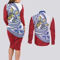 Philippines Eagle Sun Couples Matching Long Sleeve Bodycon Dress and Long Sleeve Button Shirt Filipino Agila Polynesian Tattoo Flag Color LT14 - Polynesian Pride