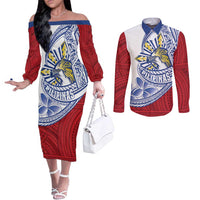 Philippines Eagle Sun Couples Matching Off The Shoulder Long Sleeve Dress and Long Sleeve Button Shirt Filipino Agila Polynesian Tattoo Flag Color LT14 Red - Polynesian Pride
