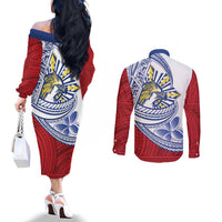 Philippines Eagle Sun Couples Matching Off The Shoulder Long Sleeve Dress and Long Sleeve Button Shirt Filipino Agila Polynesian Tattoo Flag Color LT14 - Polynesian Pride