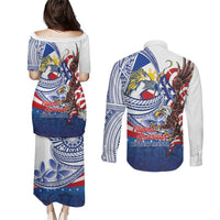 Filipino American History Month Couples Matching Puletasi and Long Sleeve Button Shirt Philippines Agila USA Eagle Mix Flag LT14 - Polynesian Pride