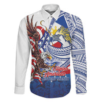 Filipino American History Month Family Matching Mermaid Dress and Hawaiian Shirt Philippines Agila USA Eagle Mix Flag LT14 Dad's Shirt - Long Sleeve Blue - Polynesian Pride