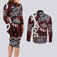 Personalised Aotearoa Bulldog Couples Matching Long Sleeve Bodycon Dress and Long Sleeve Button Shirt New Zealand Maori Taniko Art LT14 - Polynesian Pride