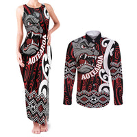 Personalised Aotearoa Bulldog Couples Matching Tank Maxi Dress and Long Sleeve Button Shirt New Zealand Maori Taniko Art LT14 Red - Polynesian Pride