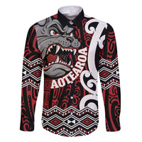 Personalised Aotearoa Bulldog Family Matching Tank Maxi Dress and Hawaiian Shirt New Zealand Maori Taniko Art LT14 Dad's Shirt - Long Sleeve Red - Polynesian Pride