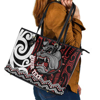 Personalised Aotearoa Bulldog Leather Tote Bag New Zealand Maori Taniko Art LT14 - Polynesian Pride