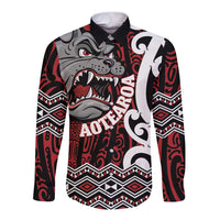 Personalised Aotearoa Bulldog Long Sleeve Button Shirt New Zealand Maori Taniko Art LT14 Unisex Red - Polynesian Pride
