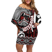 Personalised Aotearoa Bulldog Off Shoulder Short Dress New Zealand Maori Taniko Art LT14 Women Red - Polynesian Pride