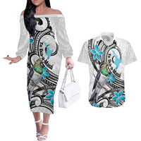 Aotearoa Te Ika-a-Maui Couples Matching Off The Shoulder Long Sleeve Dress and Hawaiian Shirt South Island Kekeru Maori Koru LT14 White - Polynesian Pride