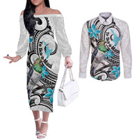 Aotearoa Te Ika-a-Maui Couples Matching Off The Shoulder Long Sleeve Dress and Long Sleeve Button Shirt South Island Kekeru Maori Koru LT14 White - Polynesian Pride